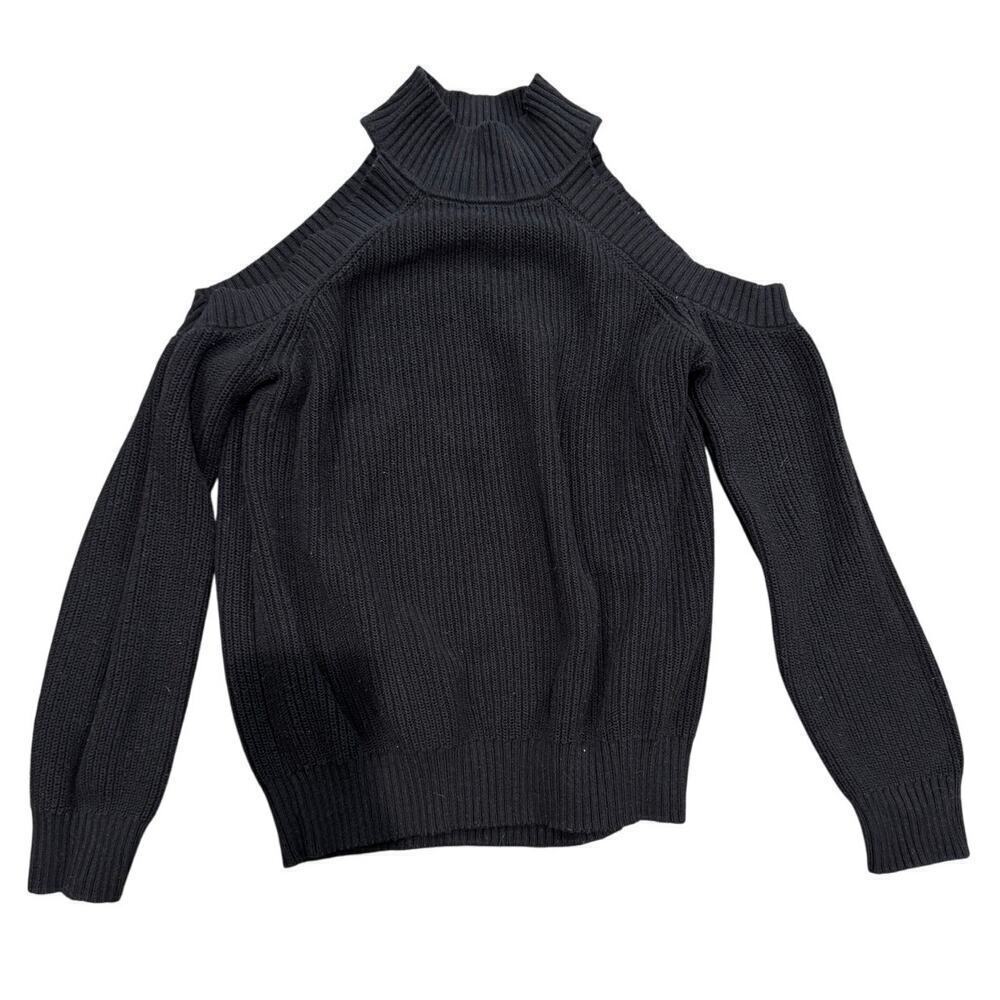 INC XL Black Cold Shoulder Cut Out Black Ribbed Knit Cotton Pullover Sweater - Picture 2 of 5